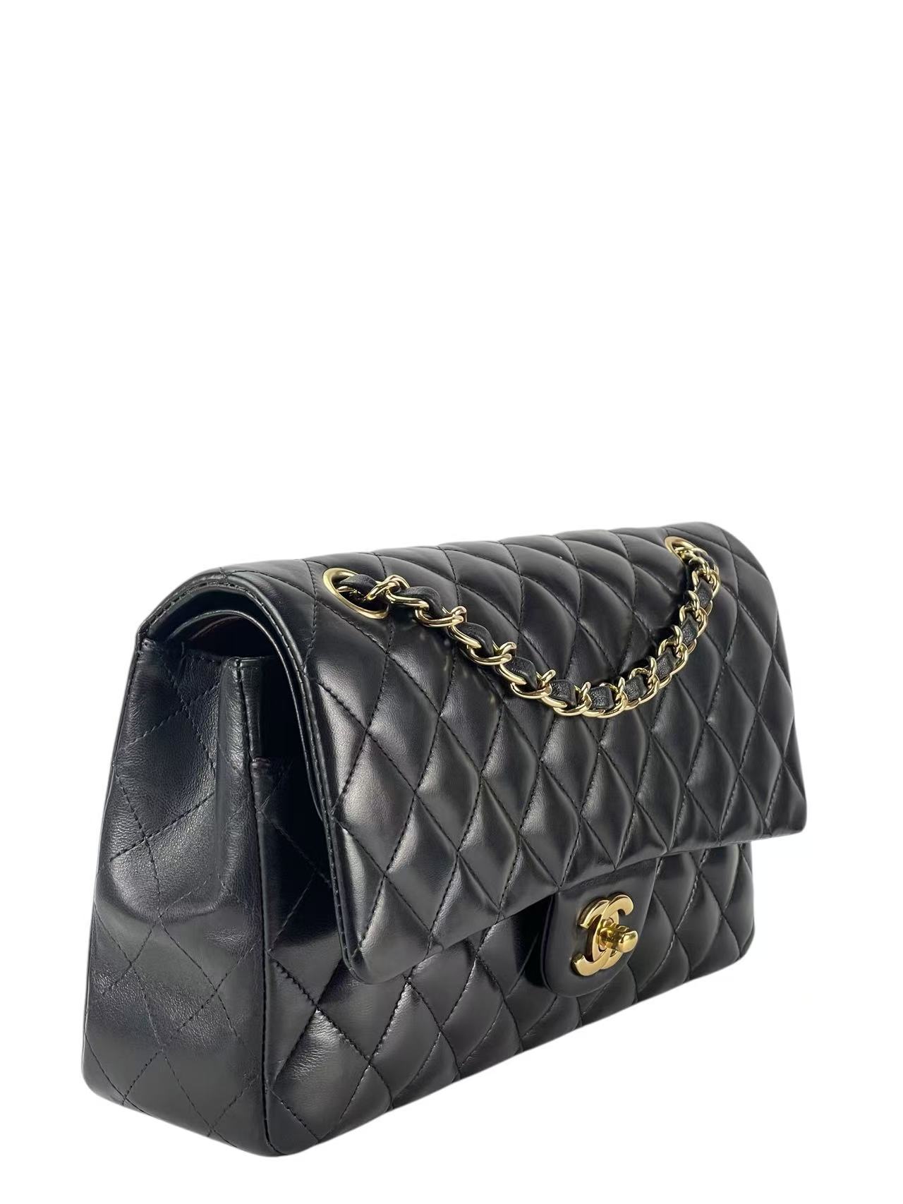 CHANEL - Medium Classic Double Flap Bag Black Lambskin Gold Hardware (CF25)