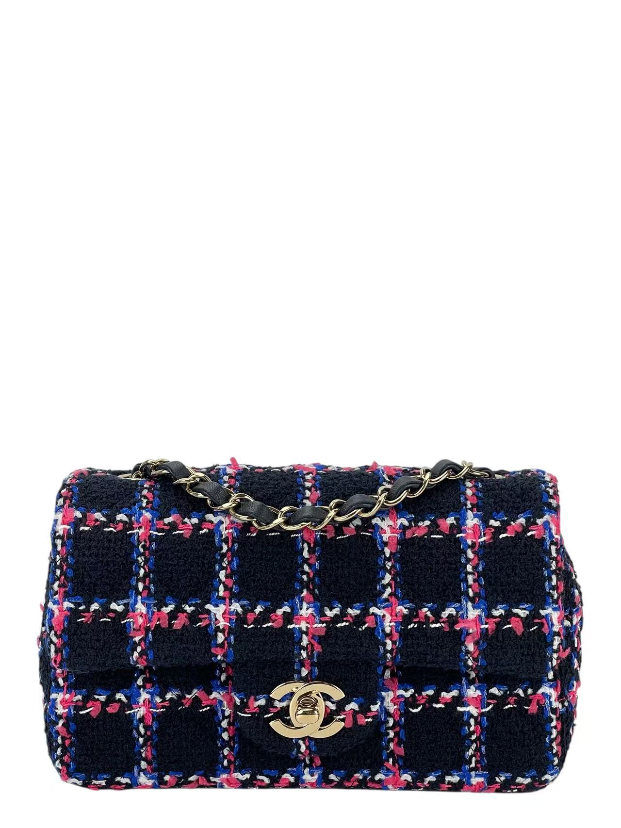 CHANEL - Classic Single Flap Bag Navy Multicolored Tweed Gold Hardware（CF20）