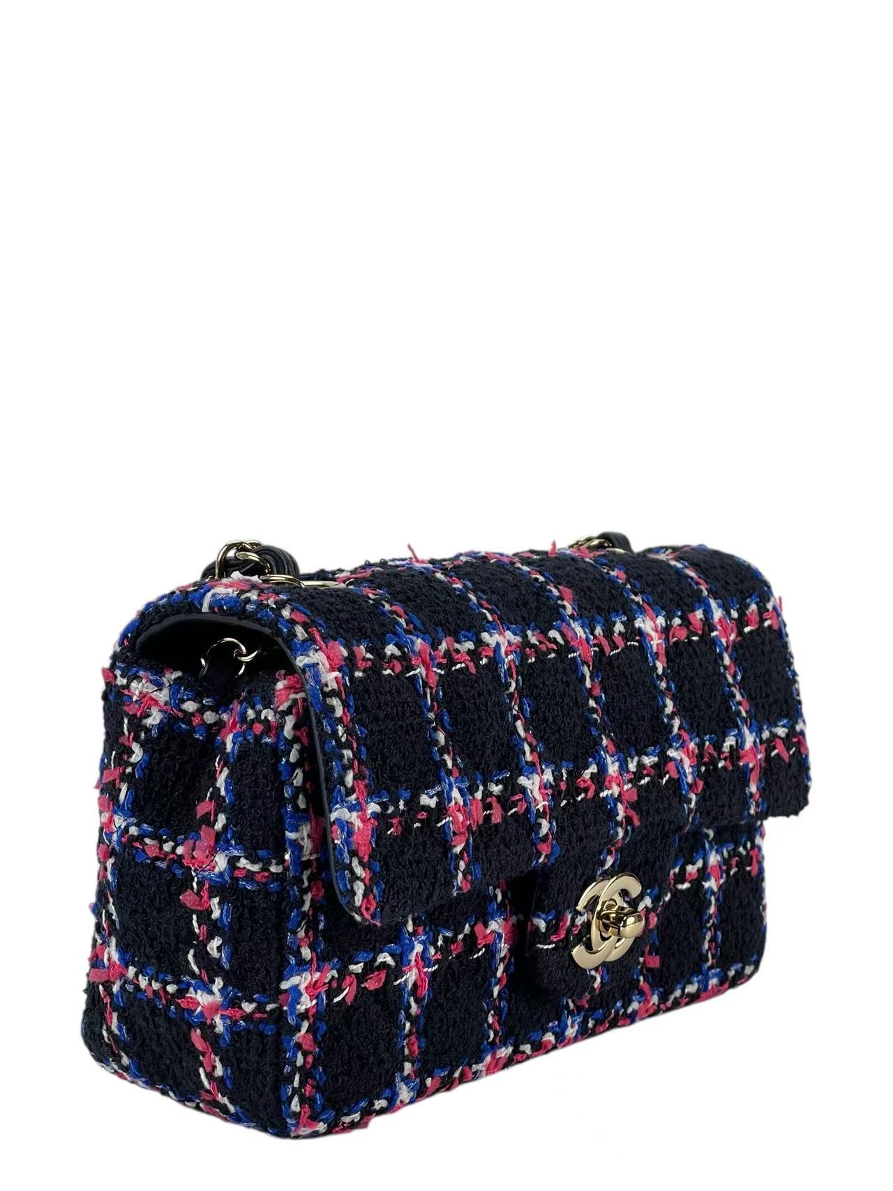 CHANEL - Classic Single Flap Bag Navy Multicolored Tweed Gold Hardware（CF20）