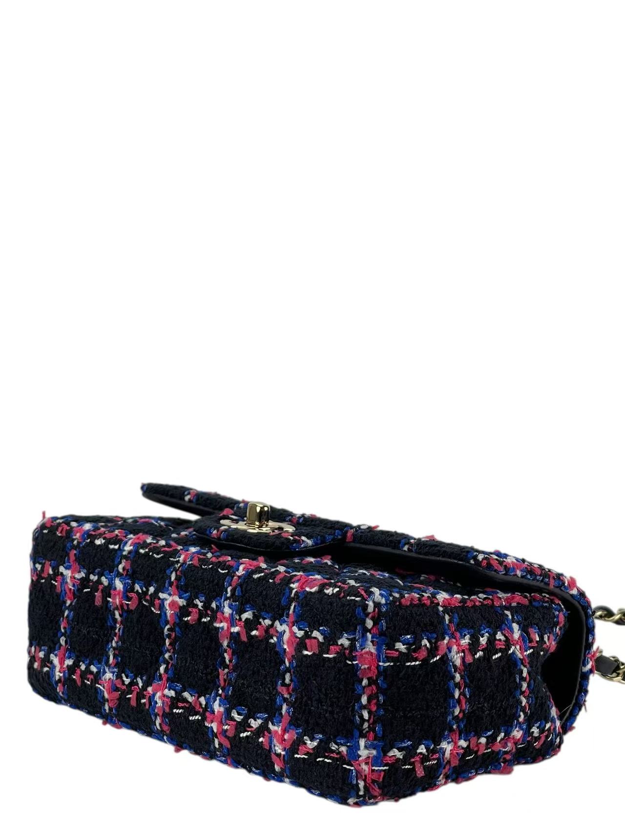 CHANEL - Classic Single Flap Bag Navy Multicolored Tweed Gold Hardware（CF20）