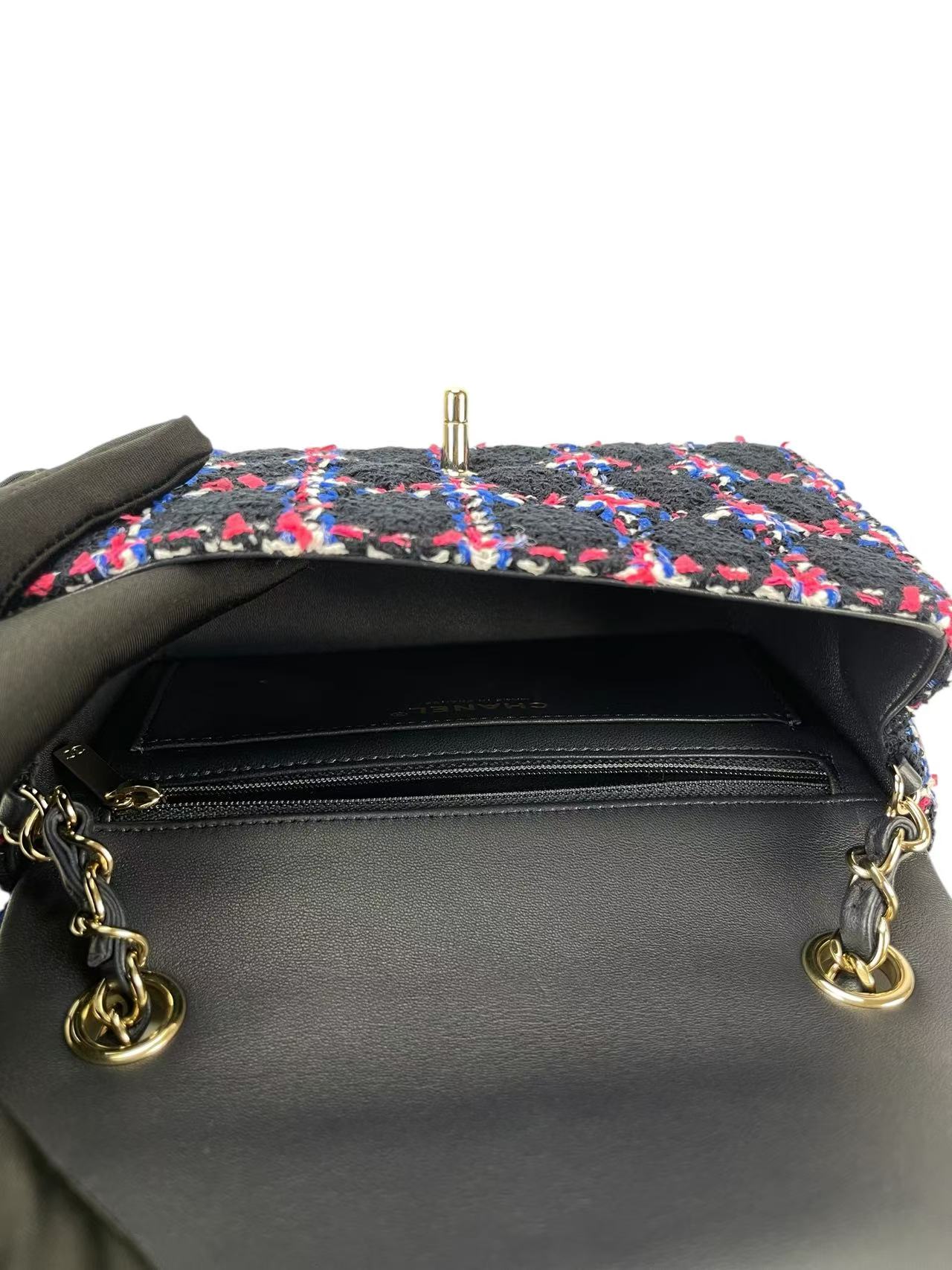 CHANEL - Classic Single Flap Bag Navy Multicolored Tweed Gold Hardware（CF20）