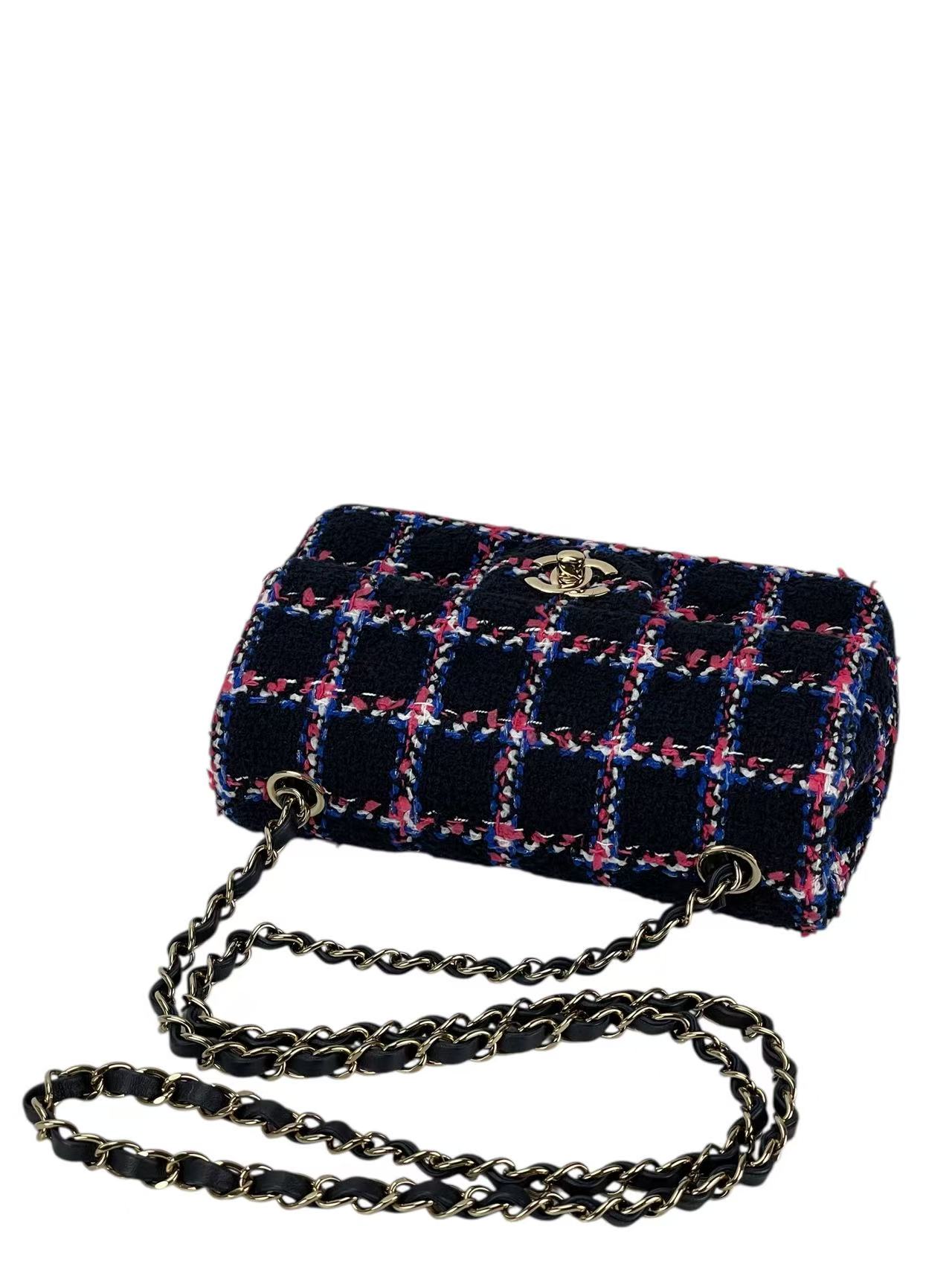 CHANEL - Classic Single Flap Bag Navy Multicolored Tweed Gold Hardware（CF20）