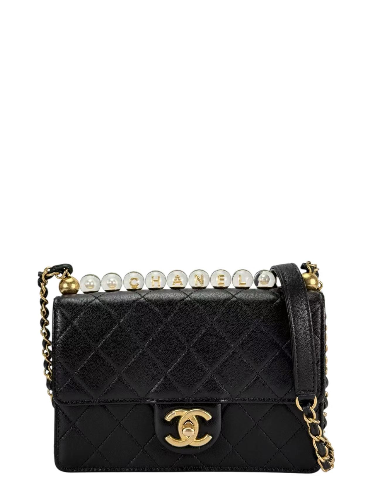 CHANEL - Calfskin Quilted Small Chic Pearls Flap Bag Black