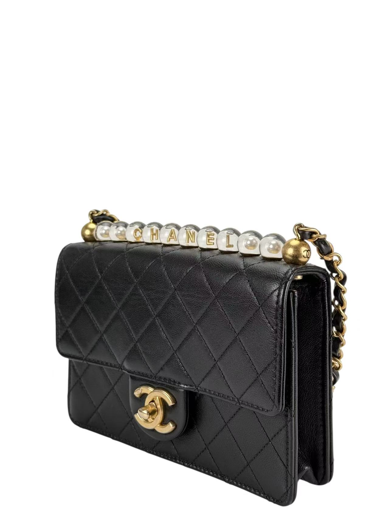 CHANEL - Calfskin Quilted Small Chic Pearls Flap Bag Black