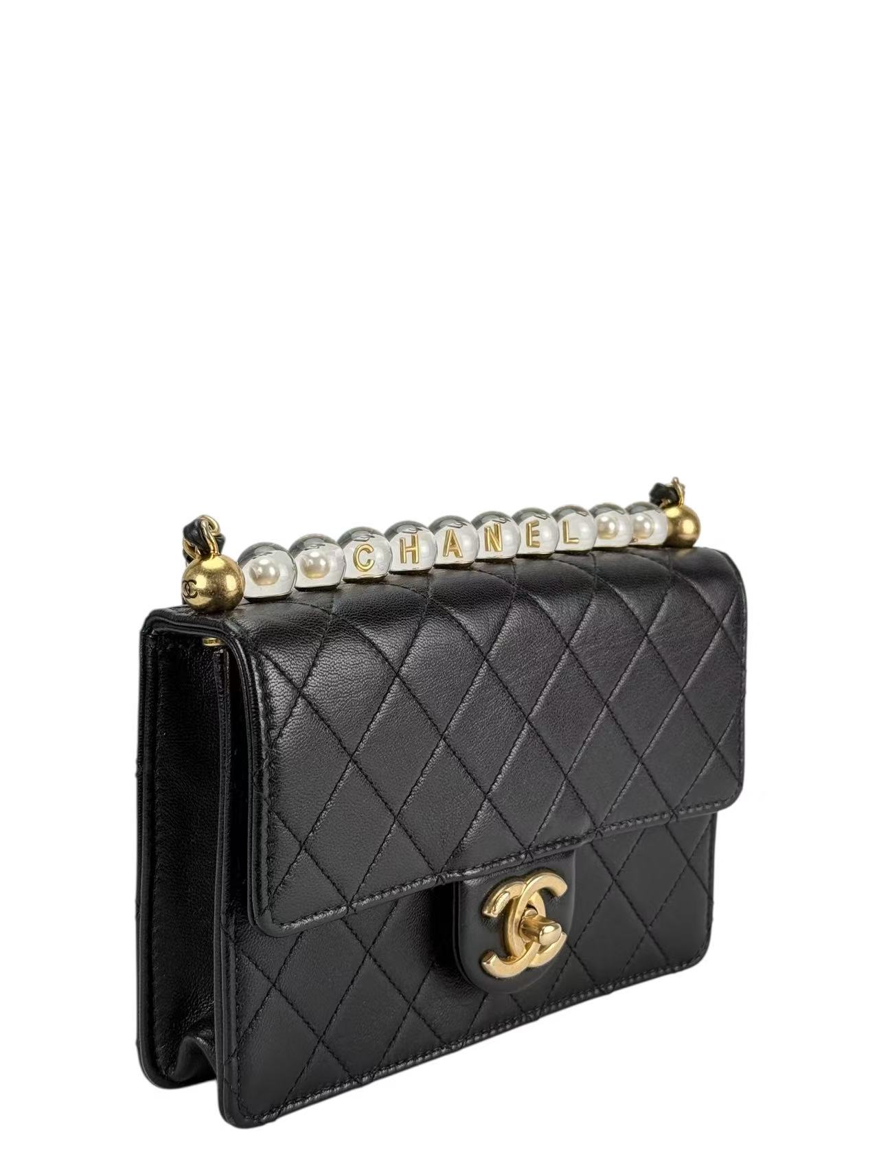 CHANEL - Calfskin Quilted Small Chic Pearls Flap Bag Black