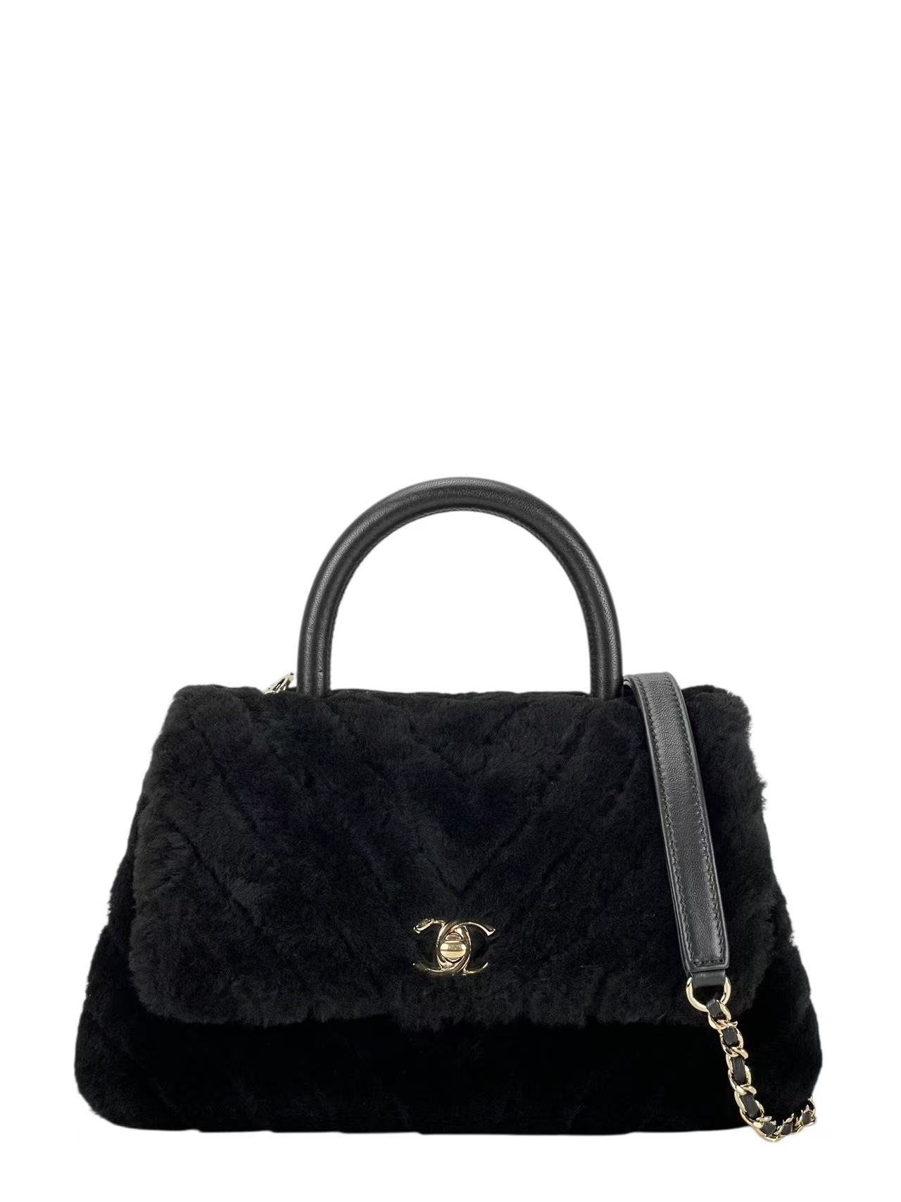 CHANEL - Coco Handle Bag Black Fur Gold Hardware
