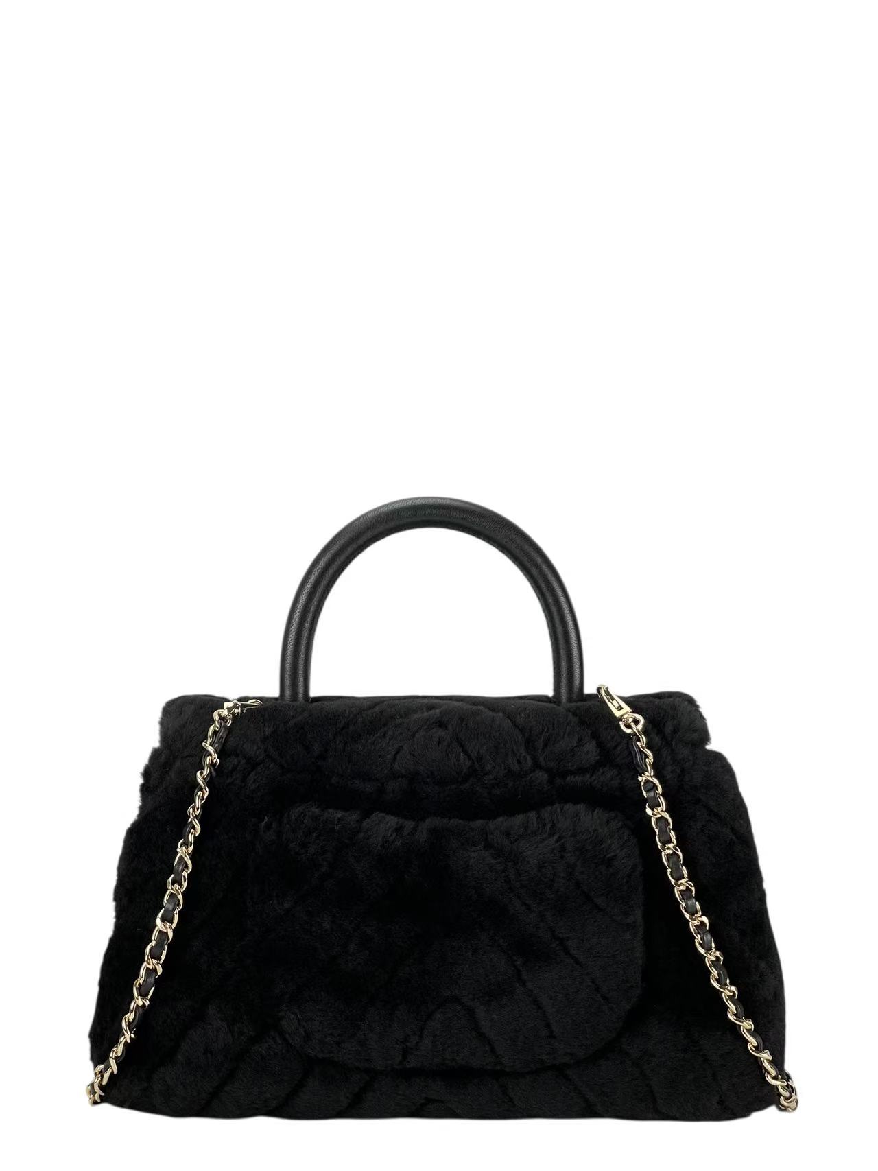 CHANEL - Coco Handle Bag Black Fur Gold Hardware