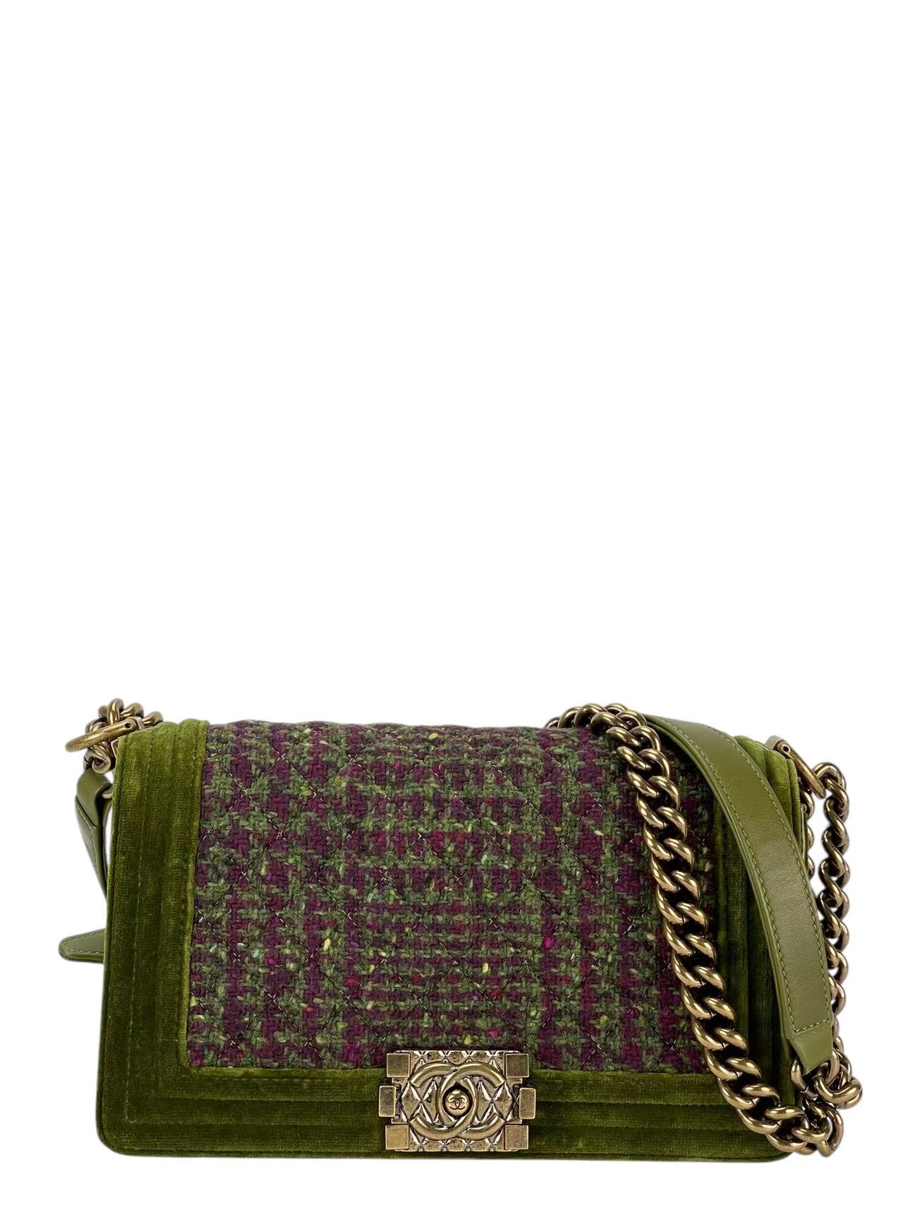 CHANEL - Medium Boy Flap Bag Tweed Velvet Green Gold Hardware