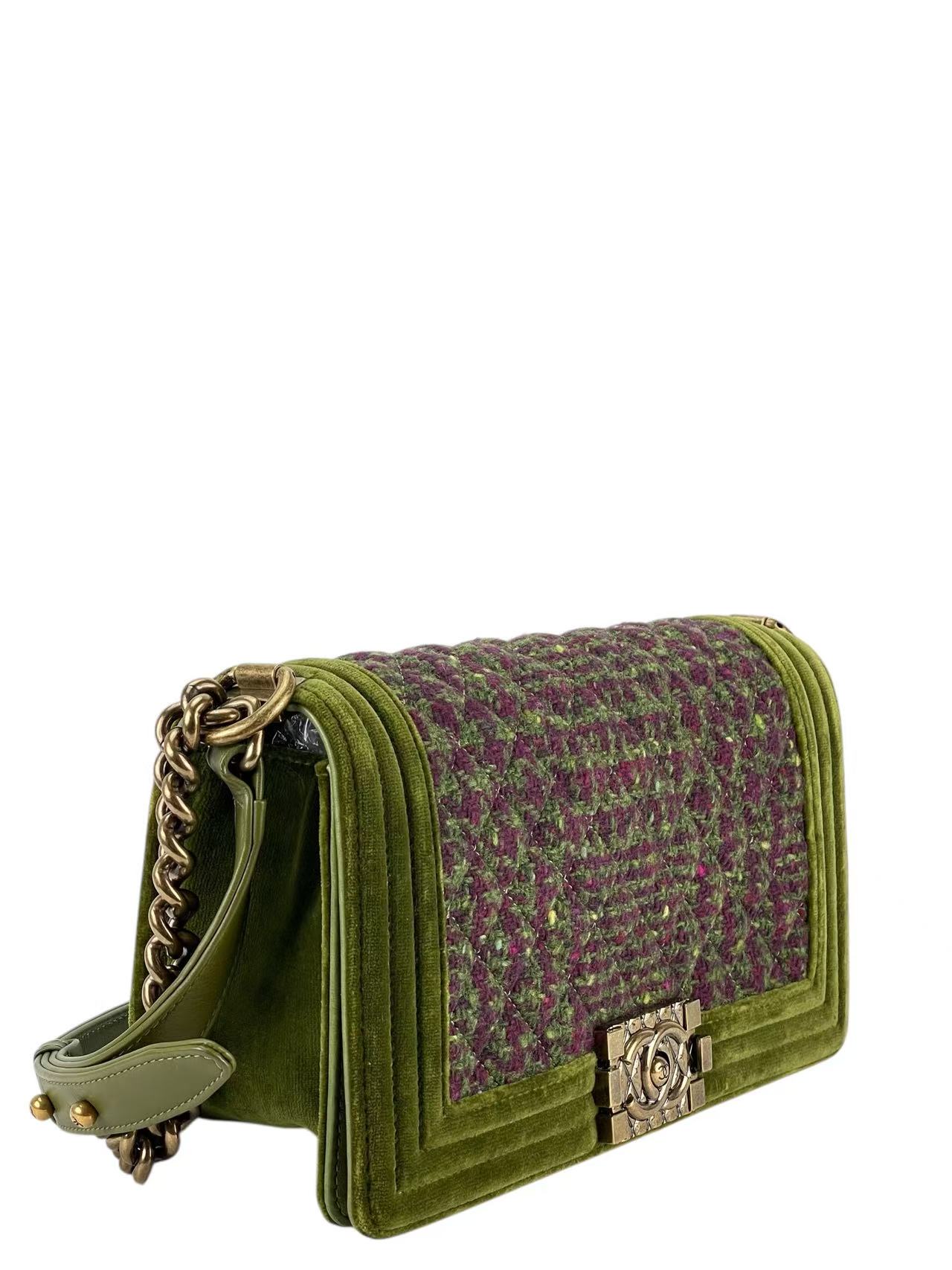 CHANEL - Medium Boy Flap Bag Tweed Velvet Green Gold Hardware