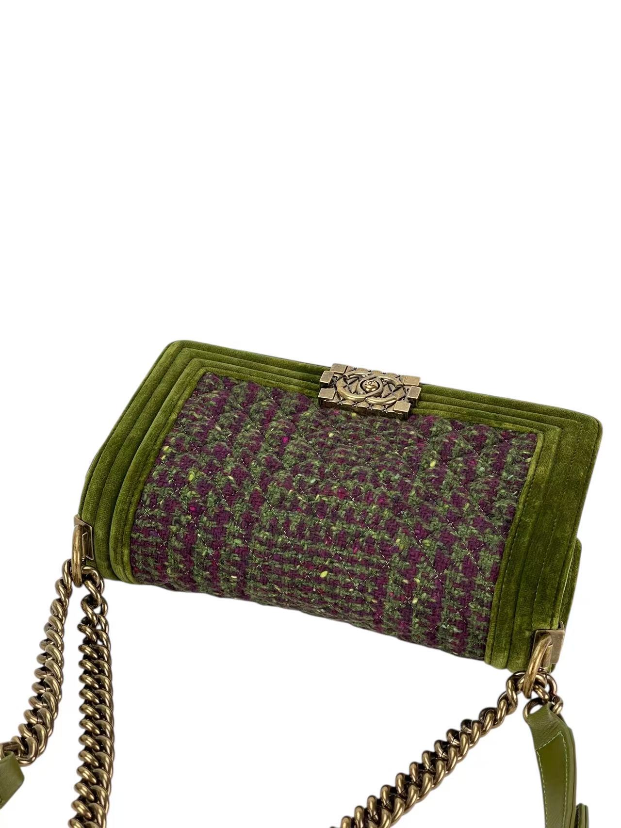 CHANEL - Medium Boy Flap Bag Tweed Velvet Green Gold Hardware