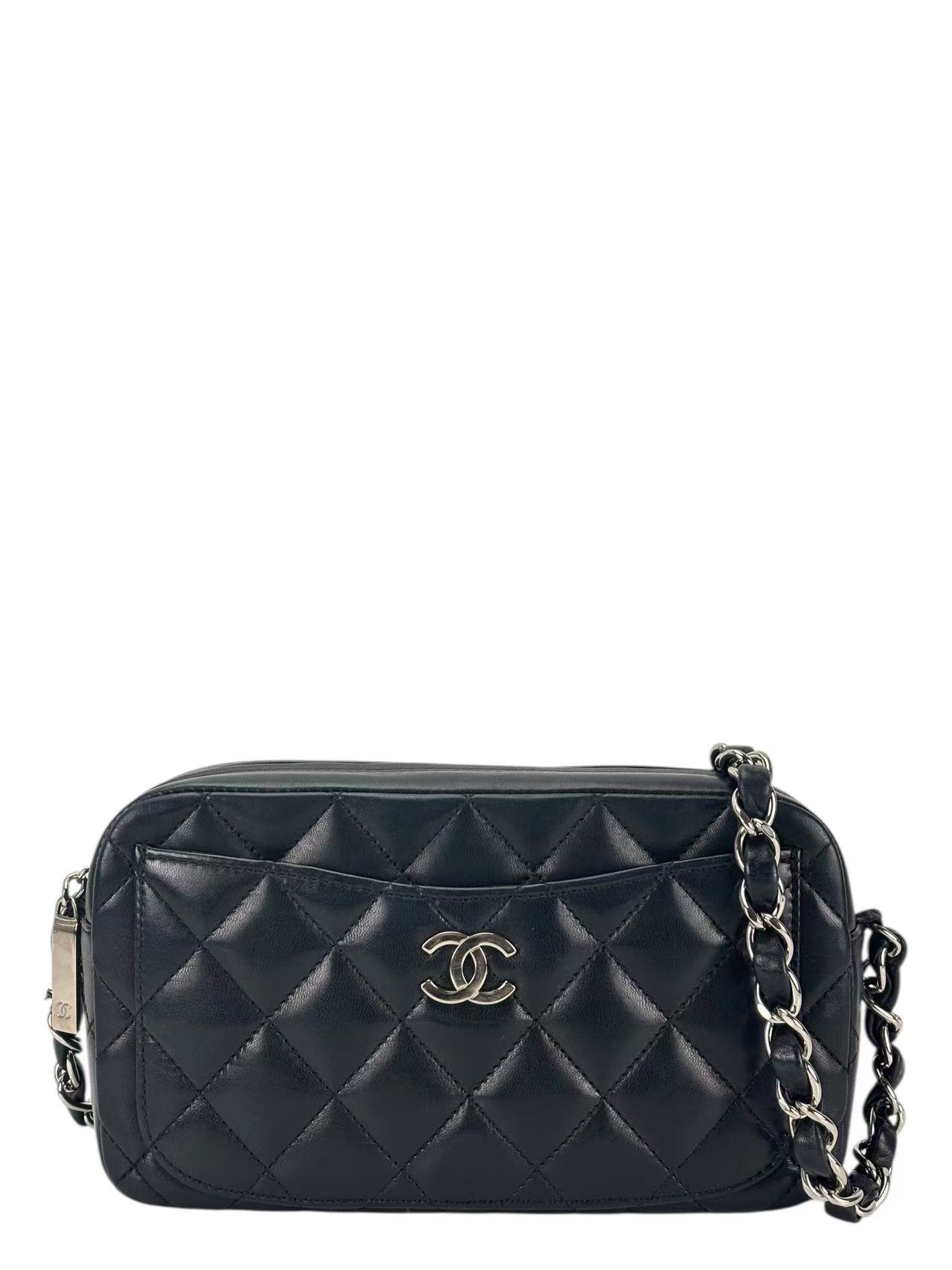 CHANEL - Black Chain Shoulder Bag Sliver Hardware