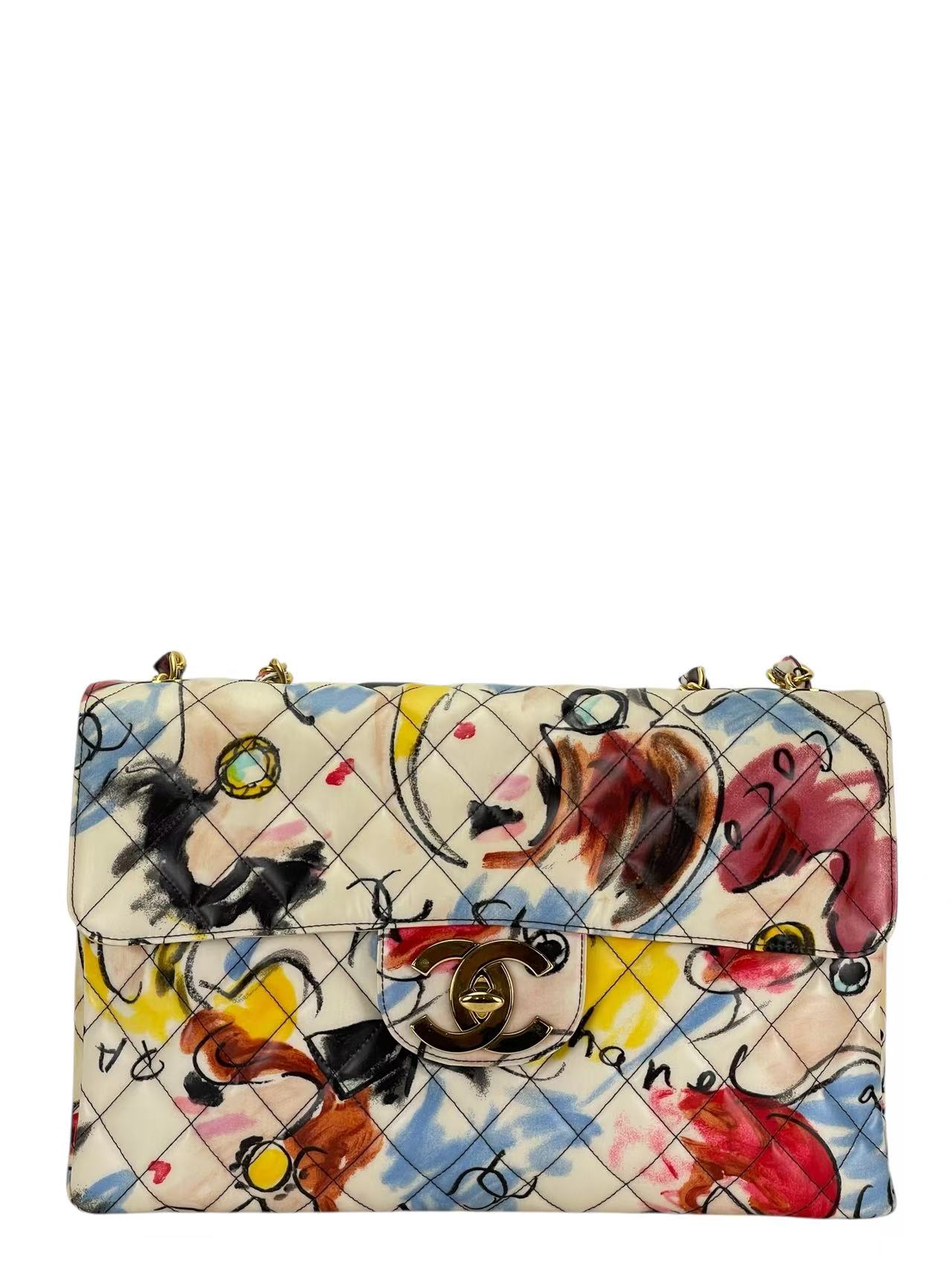 CHANEL - Vintage Multicolor Coated Canvas Barbie Maxi Flap Bag Gold Hardware