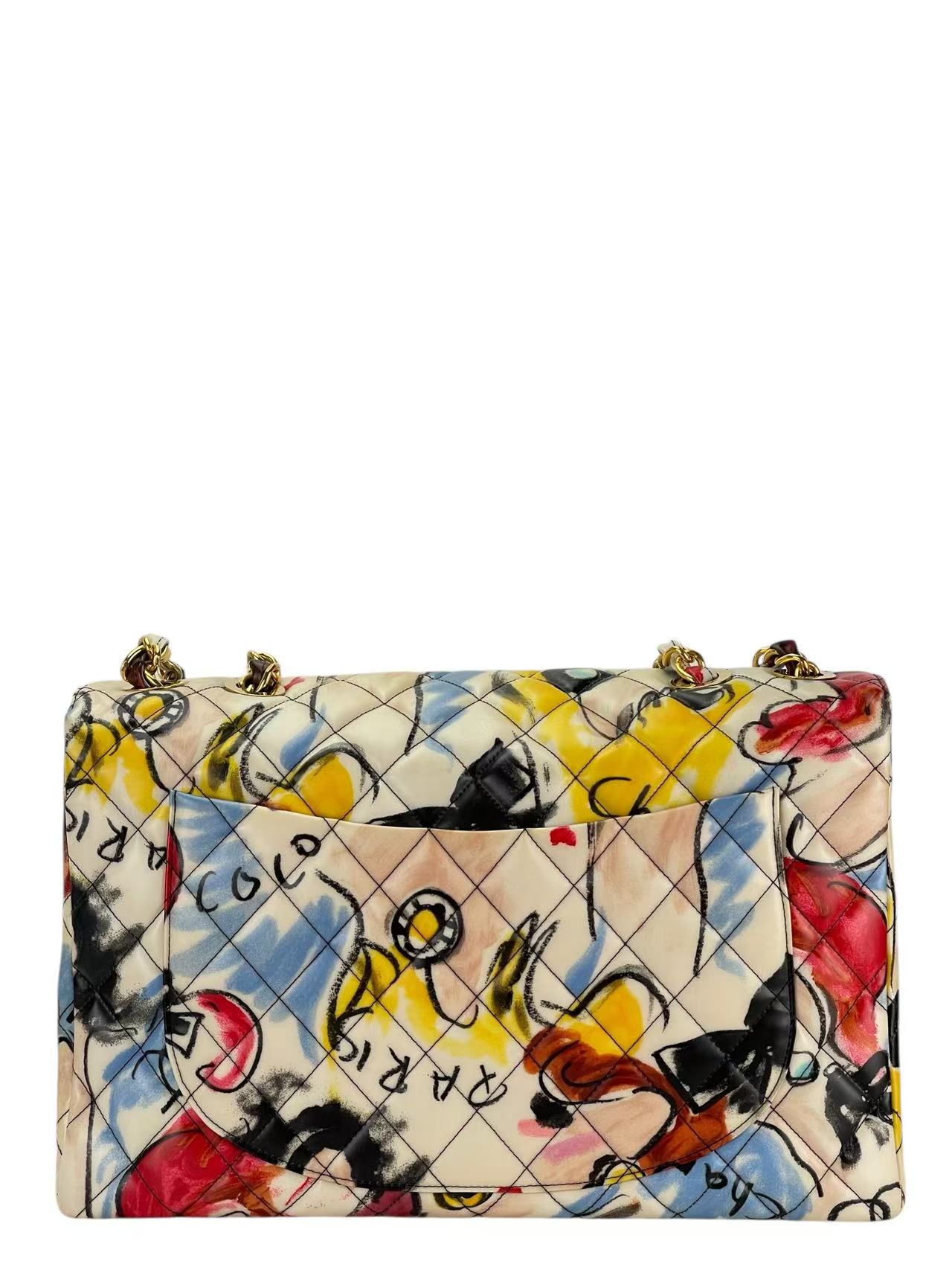 CHANEL - Vintage Multicolor Coated Canvas Barbie Maxi Flap Bag Gold Hardware