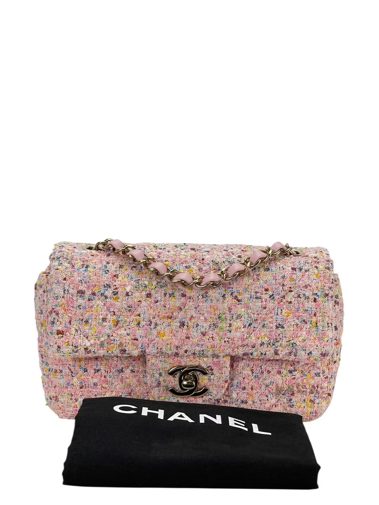 CHANEL - Pink Mini Matlasse 20 Tweed Single Flap Chain Bag Gold Hardware 