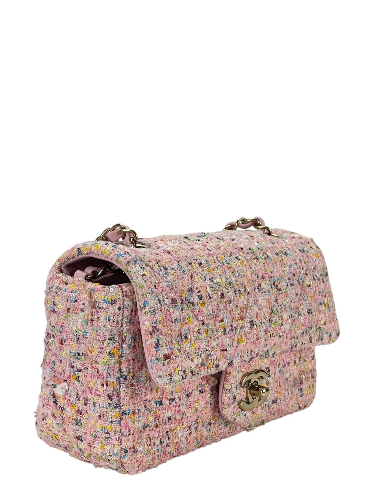CHANEL - Pink Mini Matlasse 20 Tweed Single Flap Chain Bag Gold Hardware 