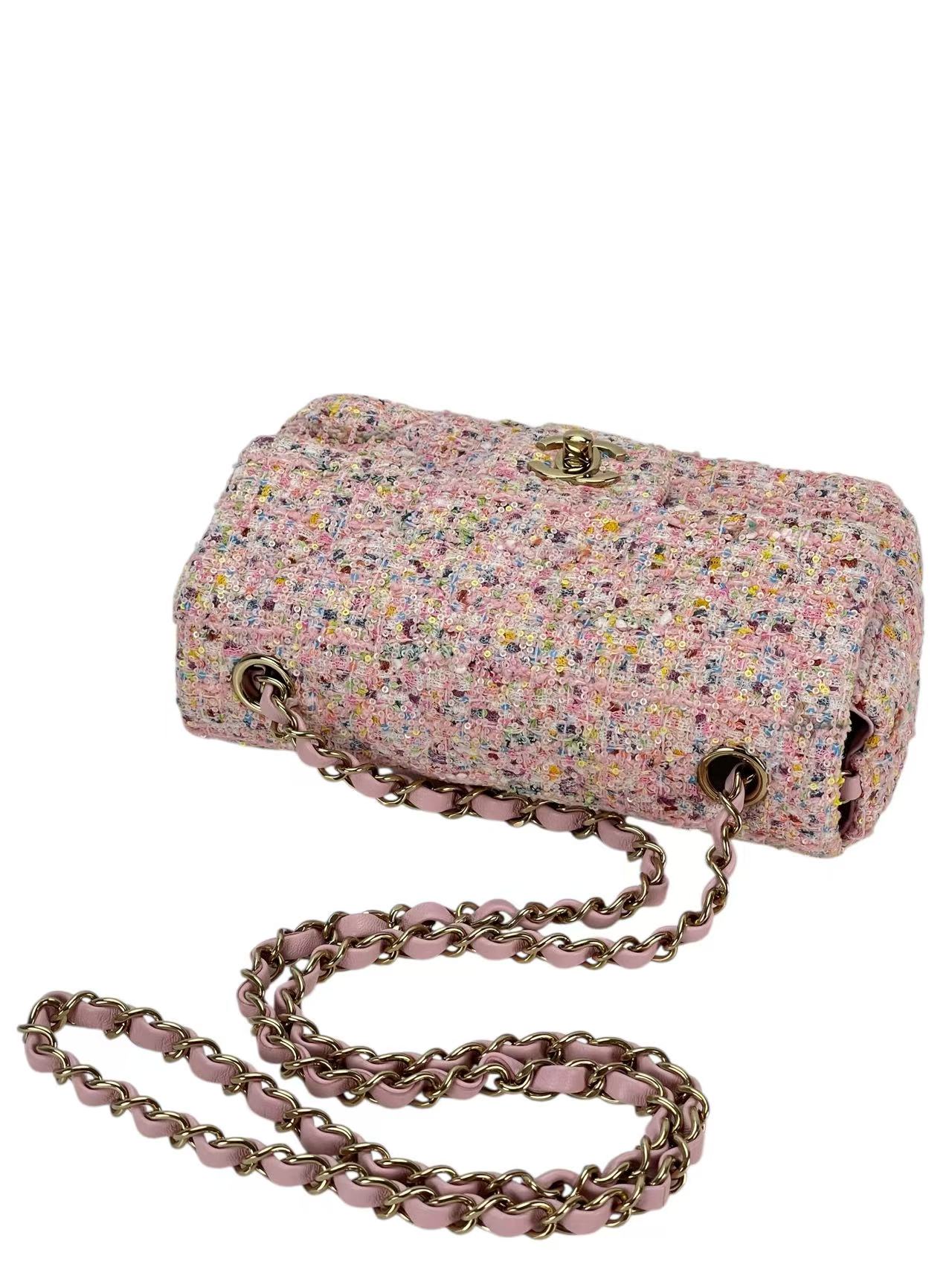CHANEL - Pink Mini Matlasse 20 Tweed Single Flap Chain Bag Gold Hardware 