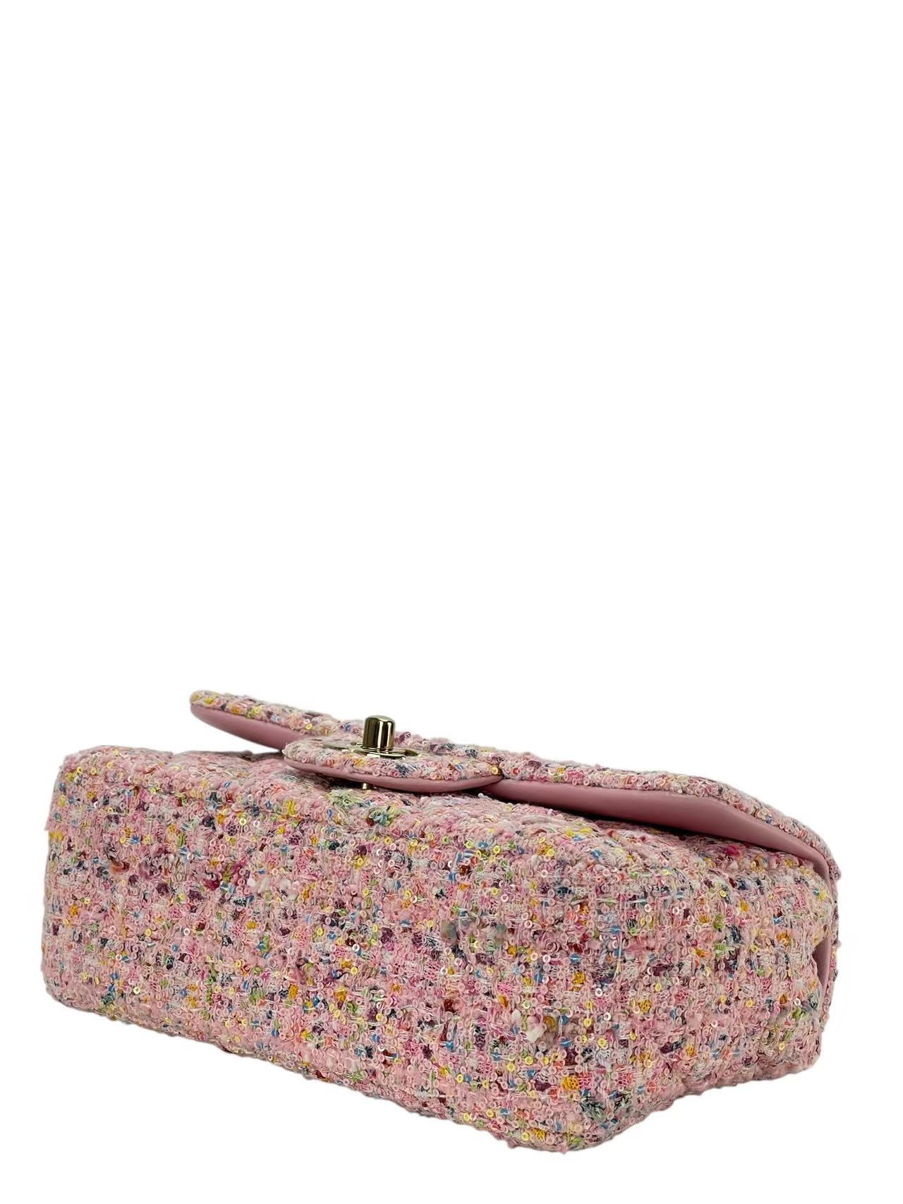 CHANEL - Pink Mini Matlasse 20 Tweed Single Flap Chain Bag Gold Hardware 