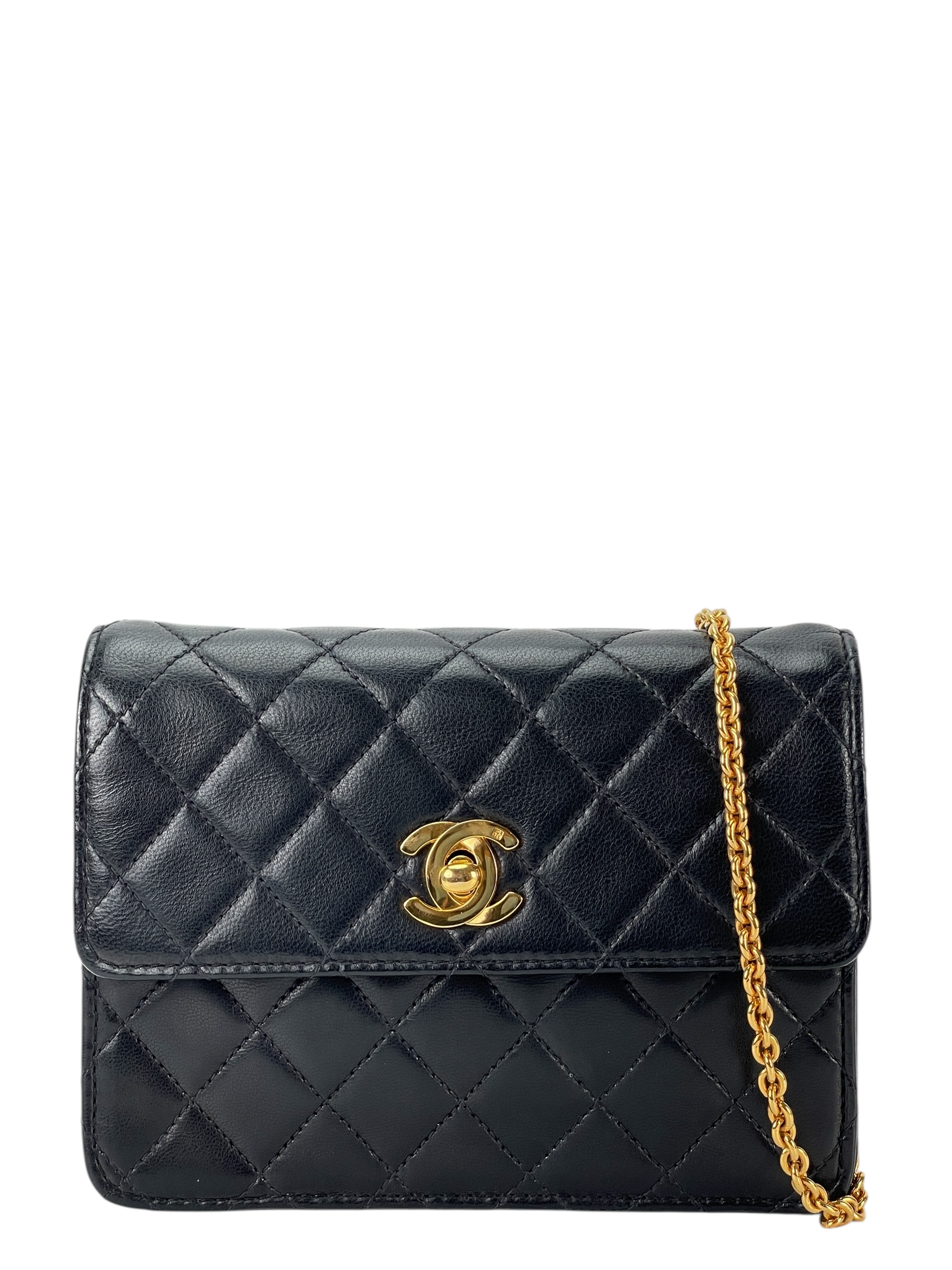 CHANEL - Vintage Black Lambskin Chain Wallet Bag