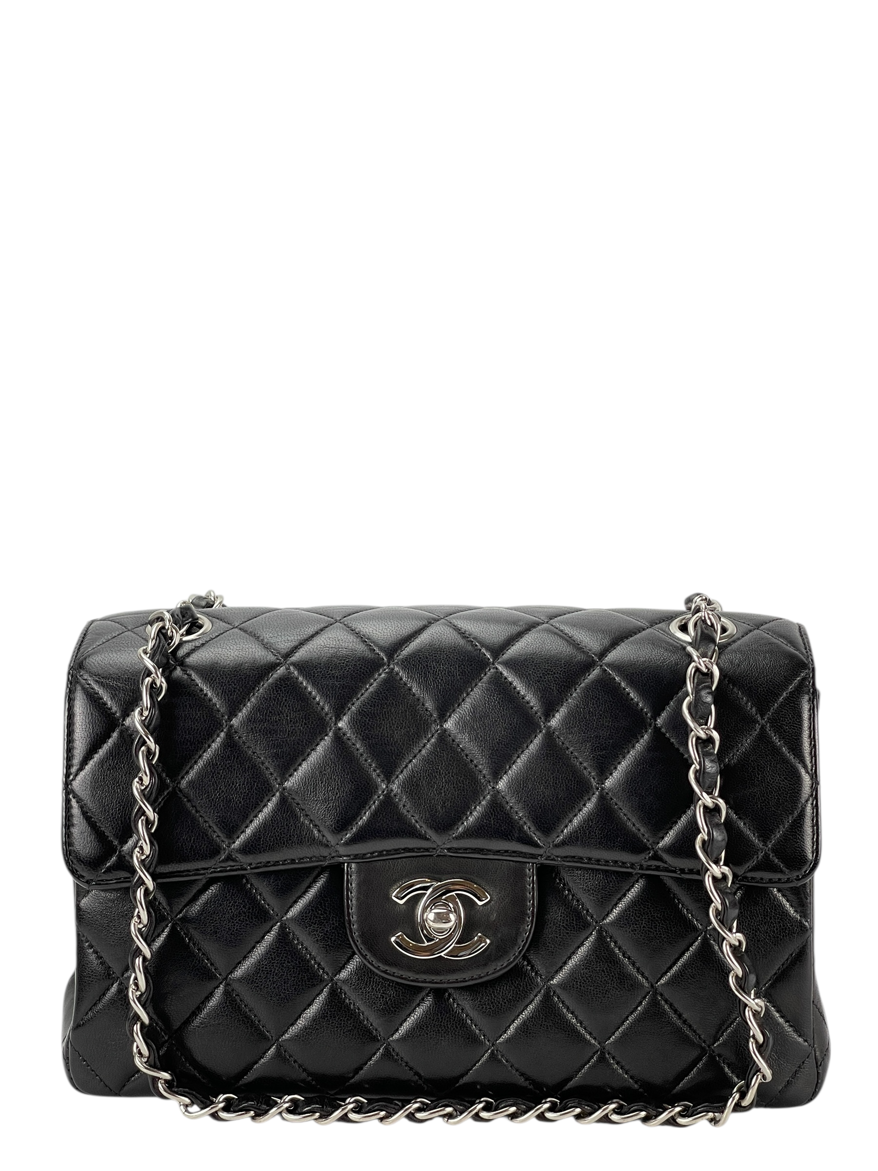 CHANEL - Double Face Small Classic Double Flap Bag Black Lambskin Sliver Hardware (CF23)
