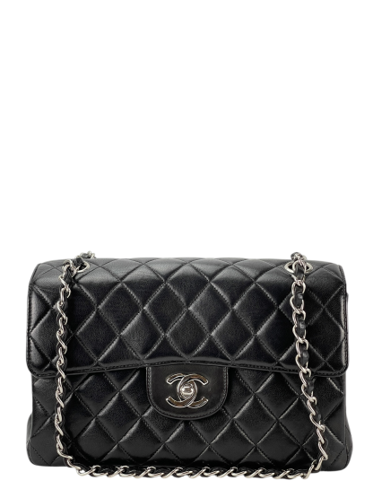 CHANEL - Double Face Small Classic Double Flap Bag Black Lambskin Sliver Hardware (CF23)