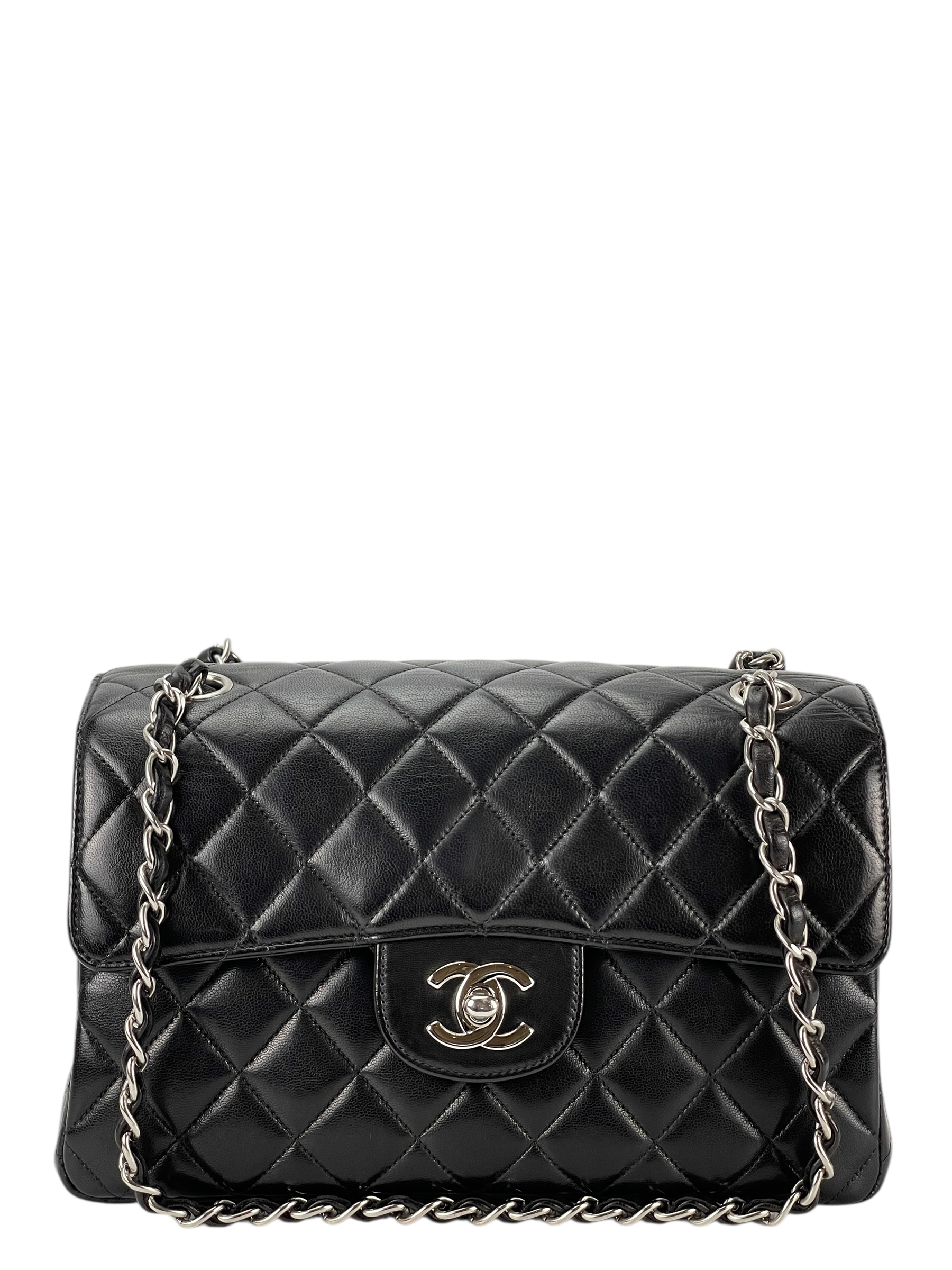 CHANEL - Double Face Small Classic Double Flap Bag Black Lambskin Sliver Hardware (CF23)