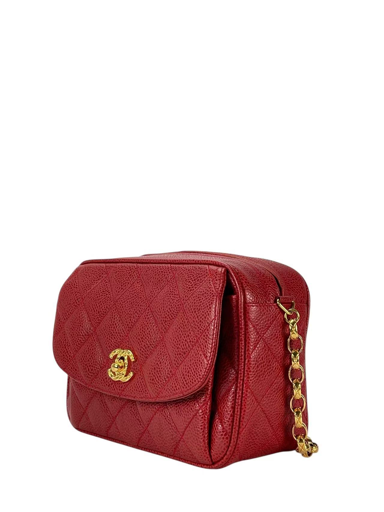 CHANEL - Red Caviar Matelasse Chain Camera Shoulder Bag