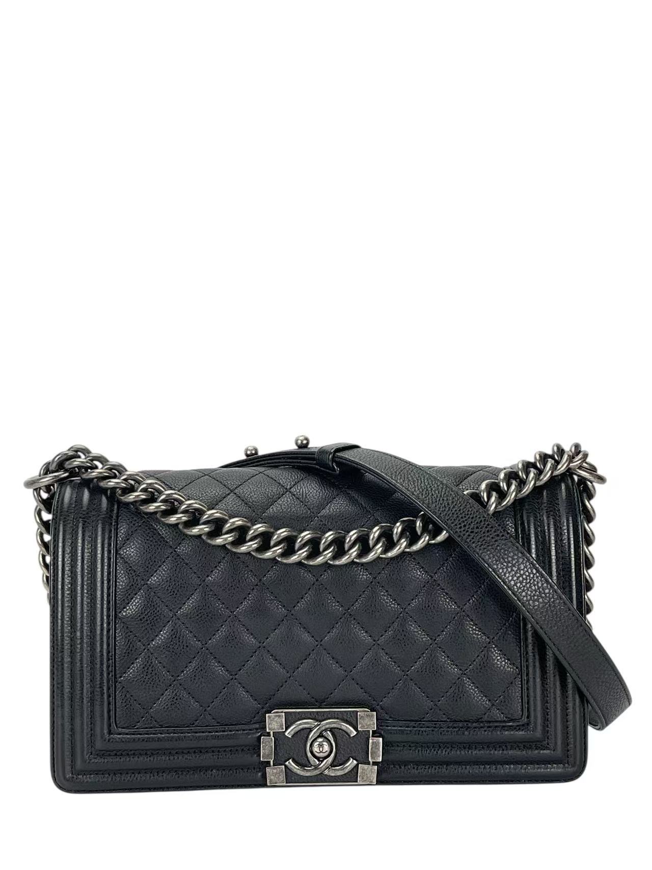 CHANEL - Medium Boy Flap Bag Black Caviar Sliver Hardware