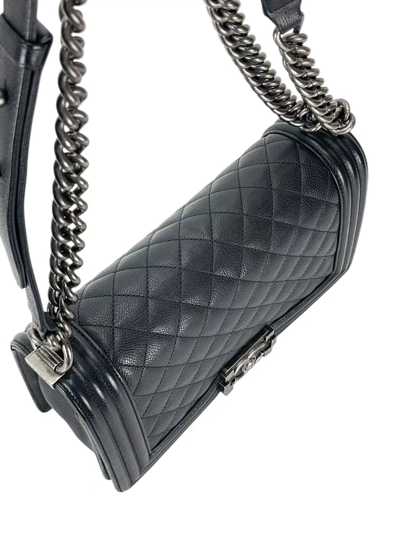 CHANEL - Medium Boy Flap Bag Black Caviar Sliver Hardware
