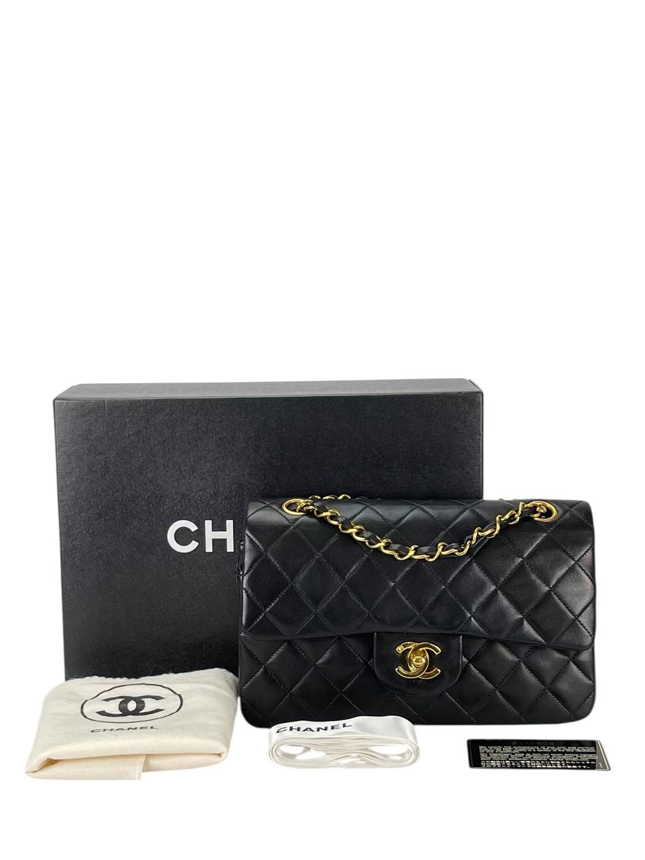 CHANEL - Small Classic Double Flap Bag Black Lambskin Gold Hardware (CF23)