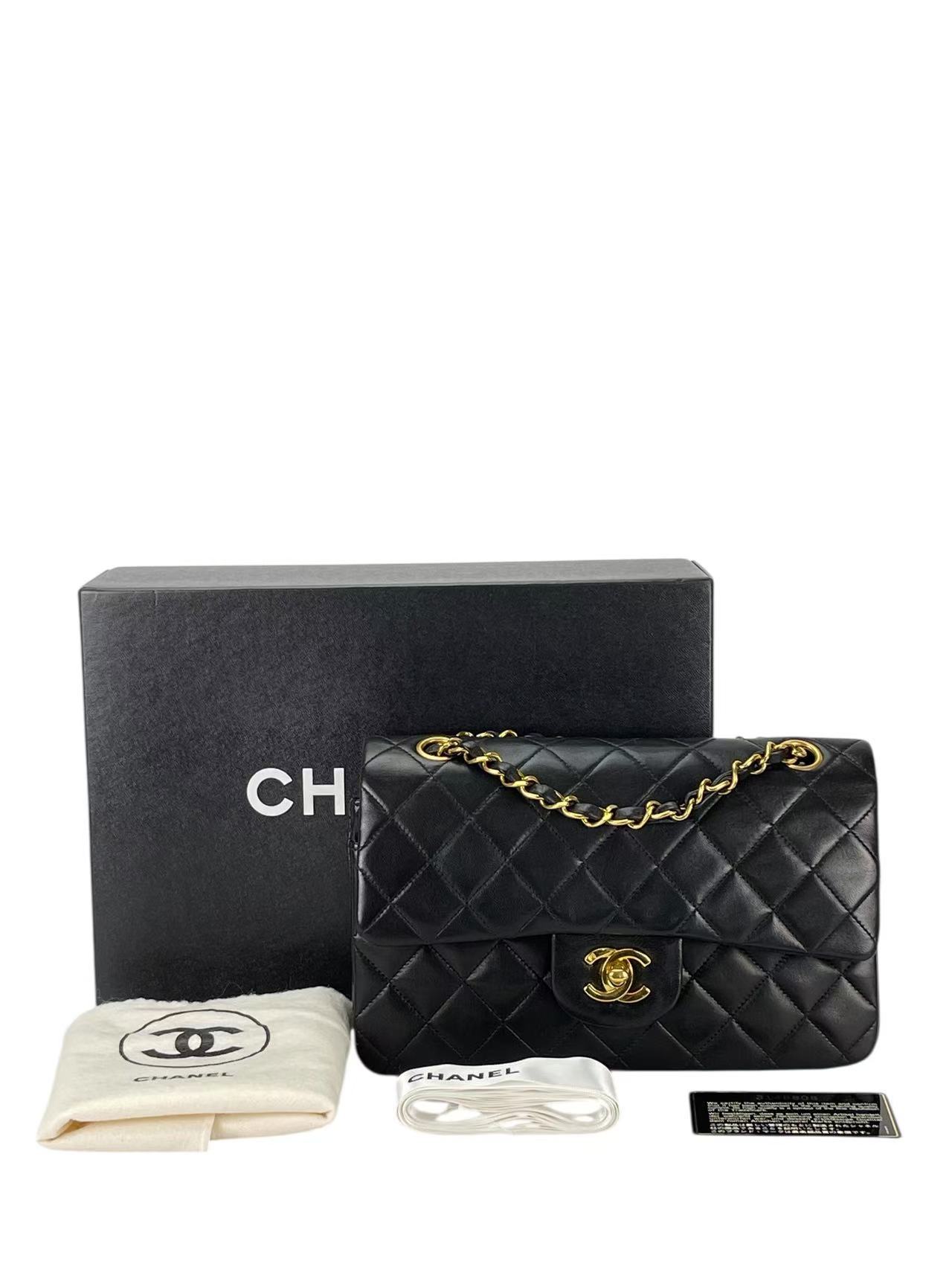 CHANEL - Small Classic Double Flap Bag Black Lambskin Gold Hardware (CF23)