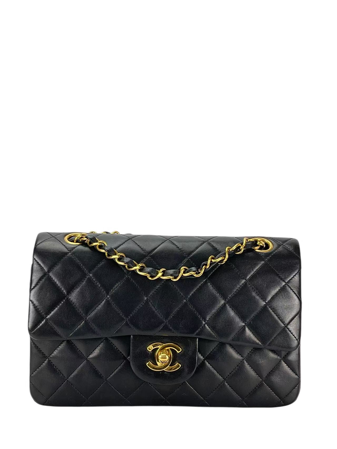 CHANEL - Small Classic Double Flap Bag Black Lambskin Gold Hardware (CF23)