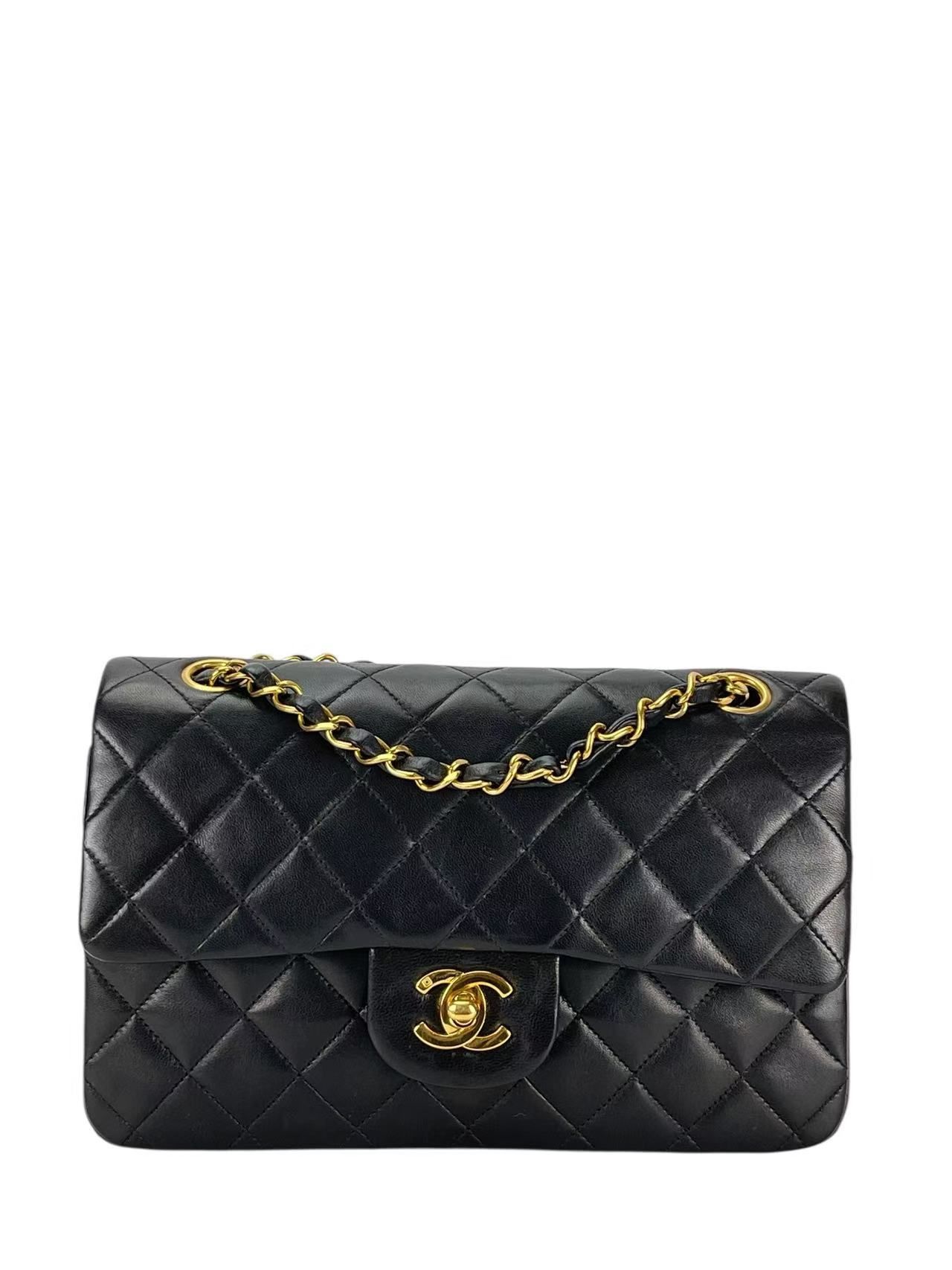 CHANEL - Small Classic Double Flap Bag Black Lambskin Gold Hardware (CF23)