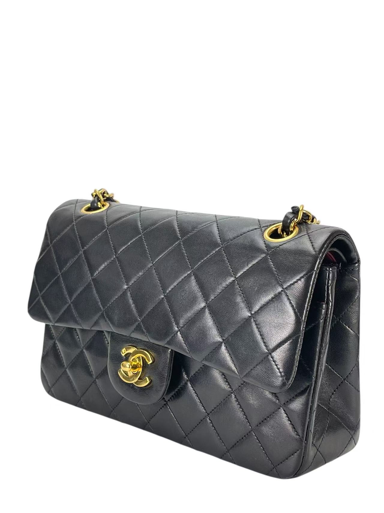 CHANEL - Small Classic Double Flap Bag Black Lambskin Gold Hardware (CF23)