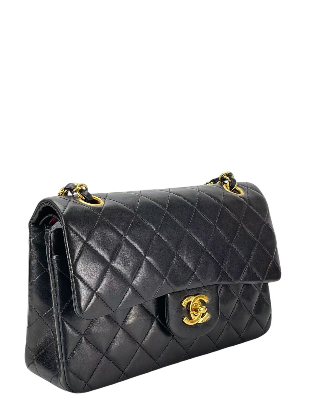 CHANEL - Small Classic Double Flap Bag Black Lambskin Gold Hardware (CF23)