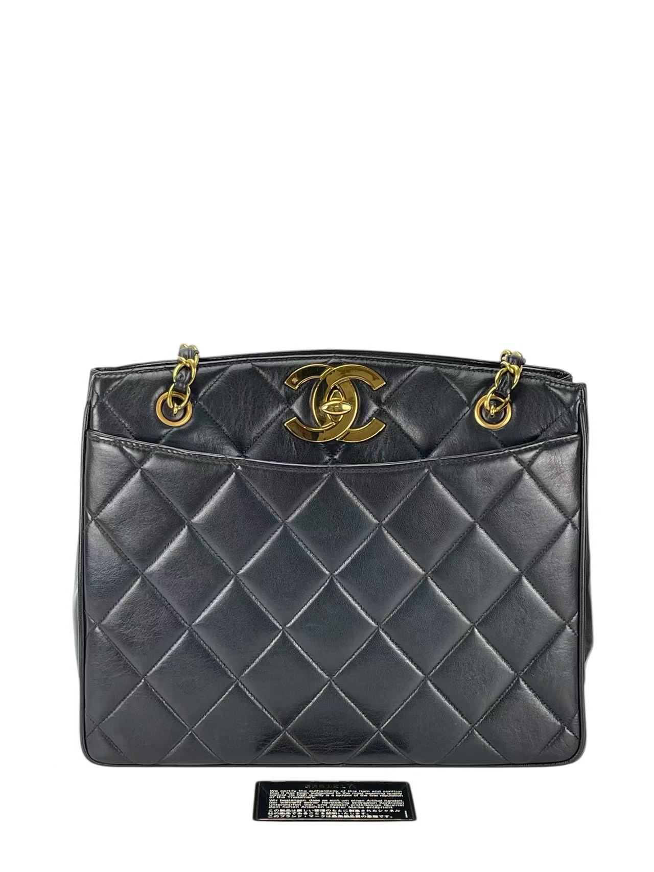 CHANEL - Black Lambskin Double Chain Shoulder Tote Bag Gold Hardware