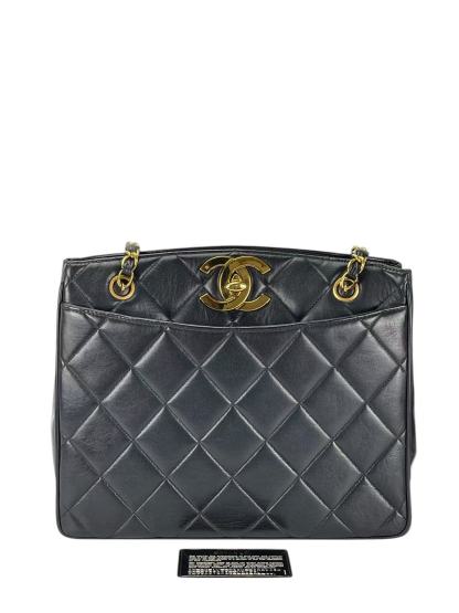 CHANEL - Black Lambskin Double Chain Shoulder Tote Bag Gold Hardware