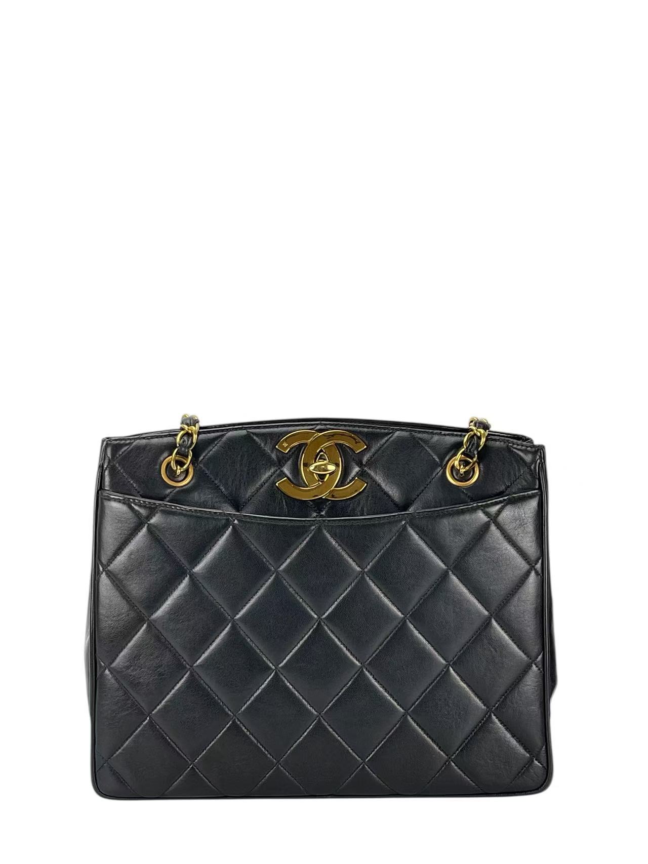CHANEL - Black Lambskin Double Chain Shoulder Tote Bag Gold Hardware