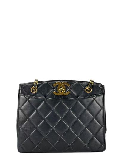 CHANEL - Black Lambskin Double Chain Shoulder Tote Bag Gold Hardware