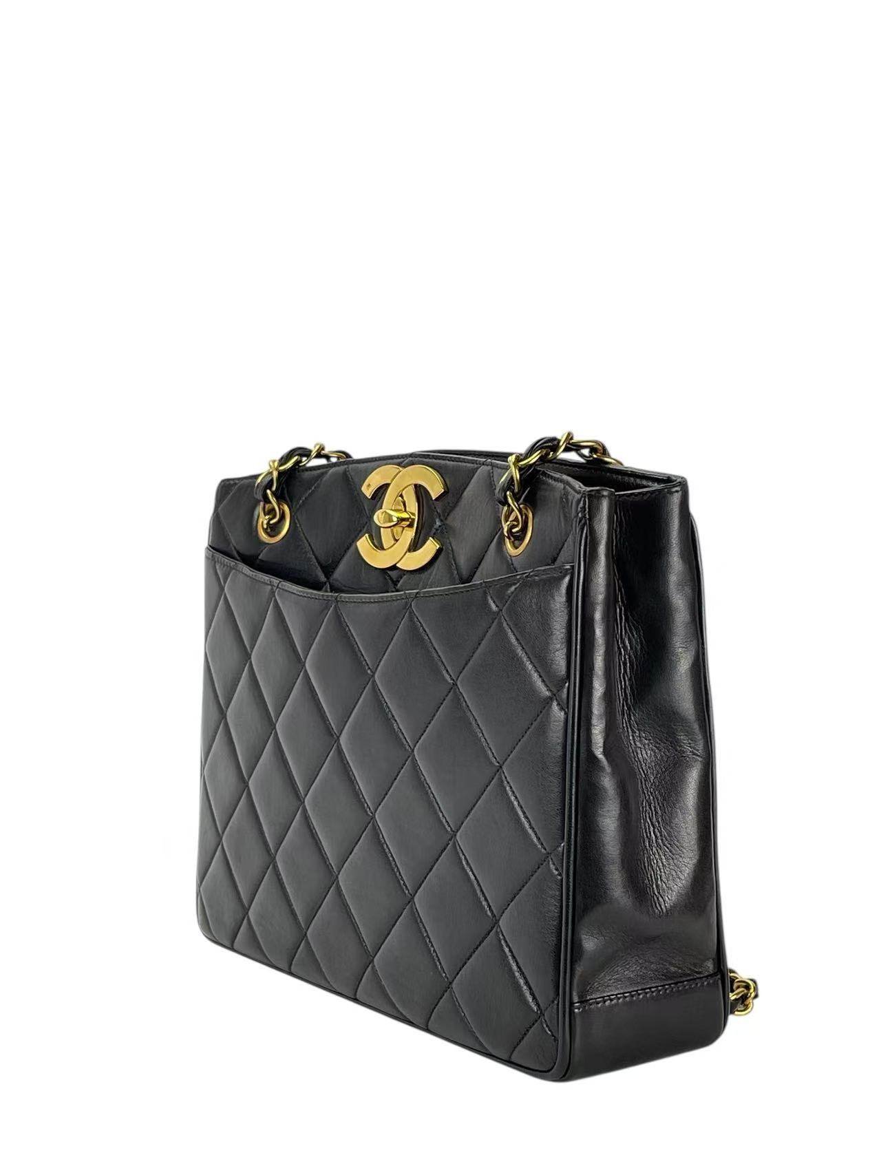 CHANEL - Black Lambskin Double Chain Shoulder Tote Bag Gold Hardware