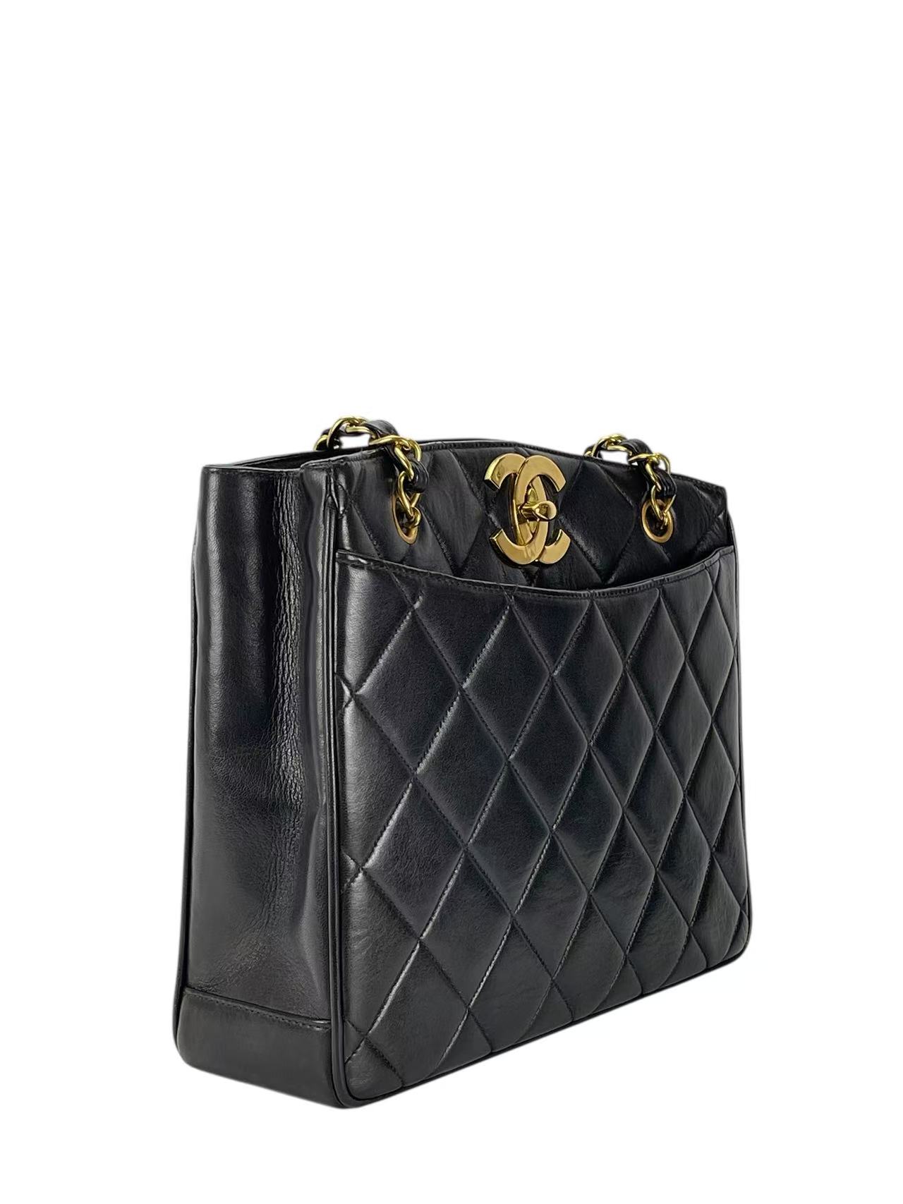 CHANEL - Black Lambskin Double Chain Shoulder Tote Bag Gold Hardware