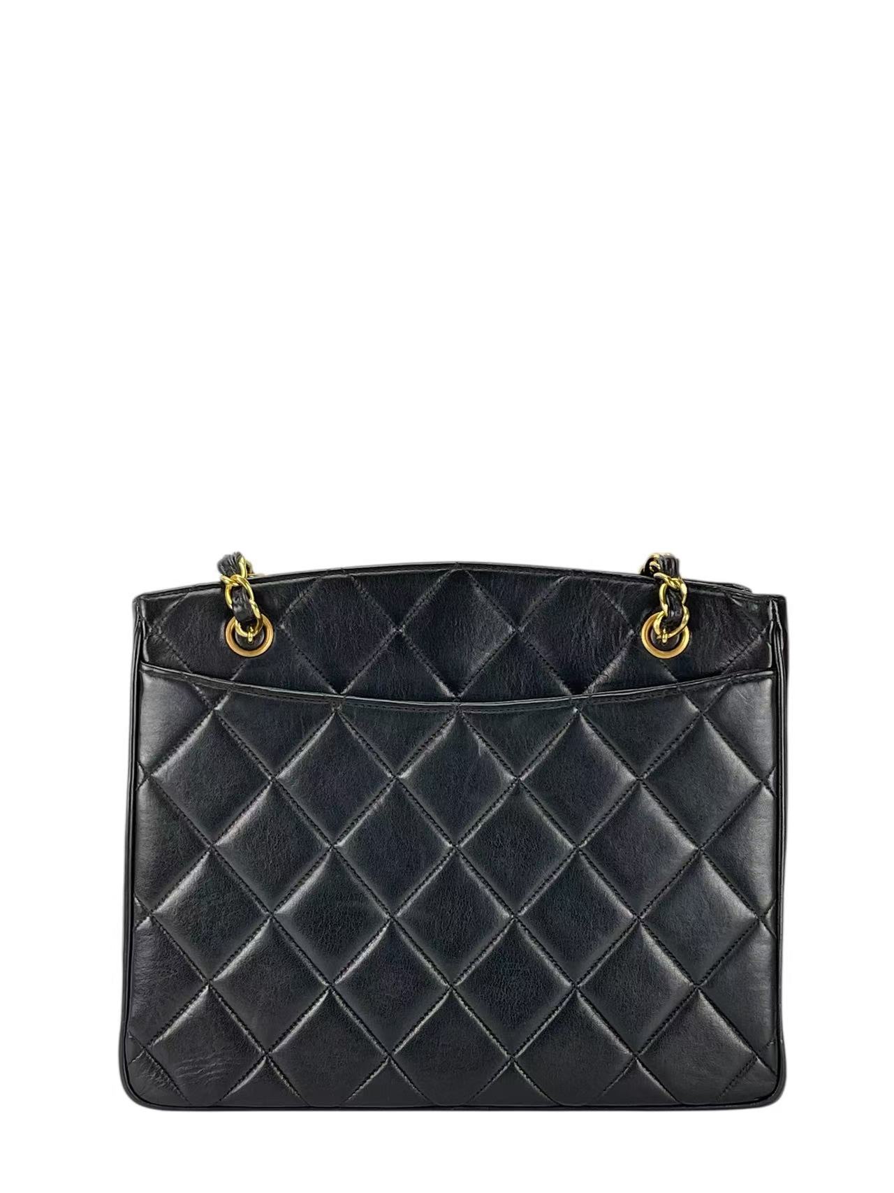 CHANEL - Black Lambskin Double Chain Shoulder Tote Bag Gold Hardware