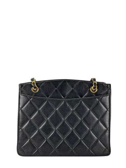 CHANEL - Black Lambskin Double Chain Shoulder Tote Bag Gold Hardware