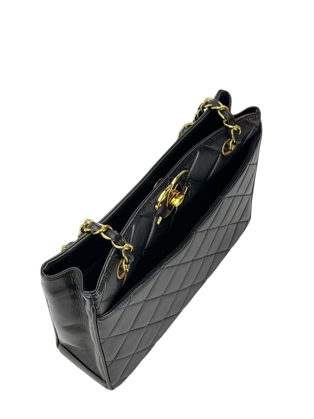 CHANEL - Black Lambskin Double Chain Shoulder Tote Bag Gold Hardware