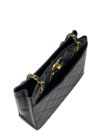 CHANEL - Black Lambskin Double Chain Shoulder Tote Bag Gold Hardware