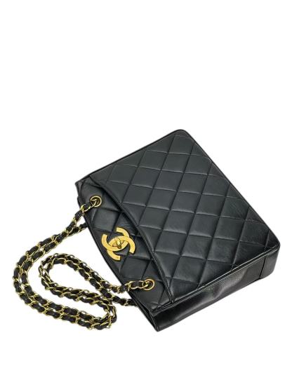 CHANEL - Black Lambskin Double Chain Shoulder Tote Bag Gold Hardware