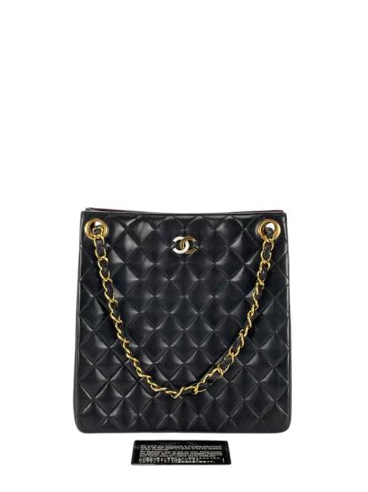 CHANEL - Black Lambskin Matelasse Chain Tote Bag Gold Hardware