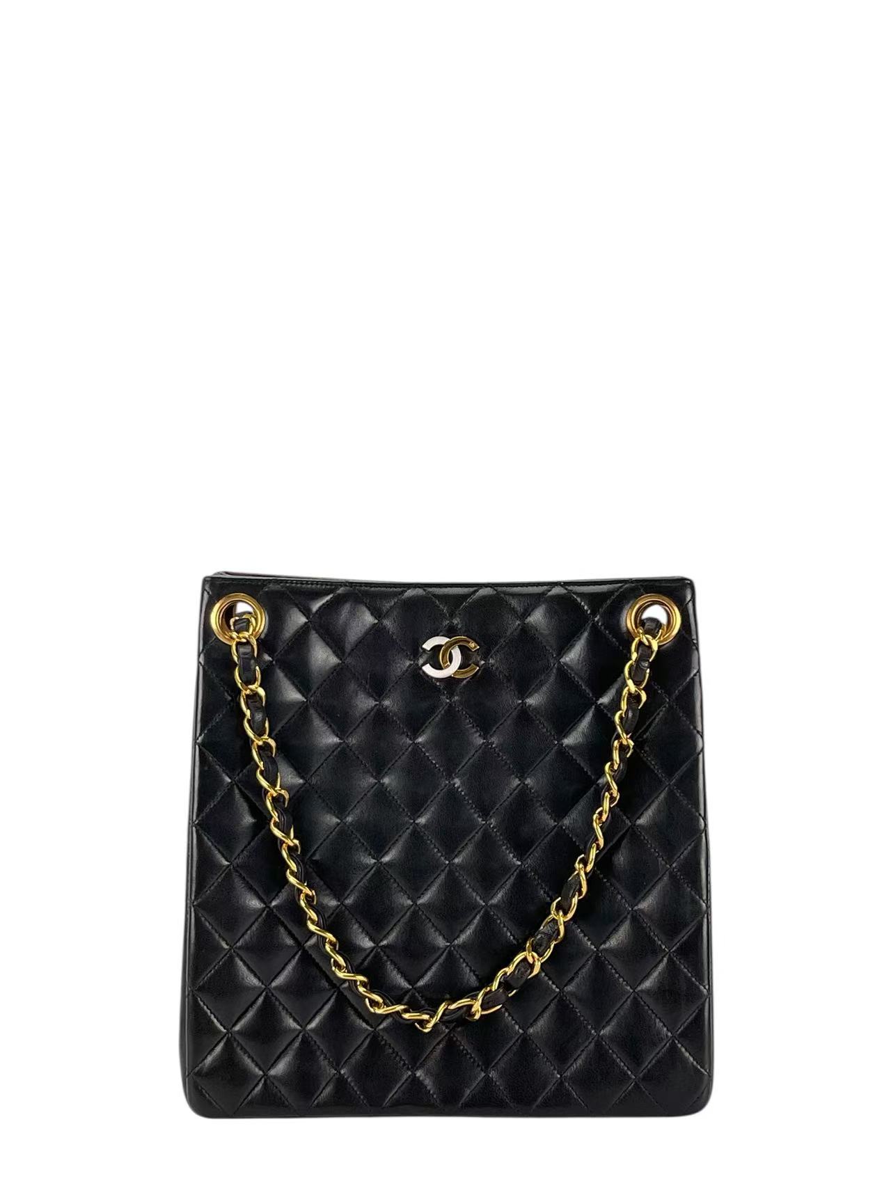 CHANEL - Black Lambskin Matelasse Chain Tote Bag Gold Hardware