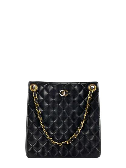 CHANEL - Black Lambskin Matelasse Chain Tote Bag Gold Hardware