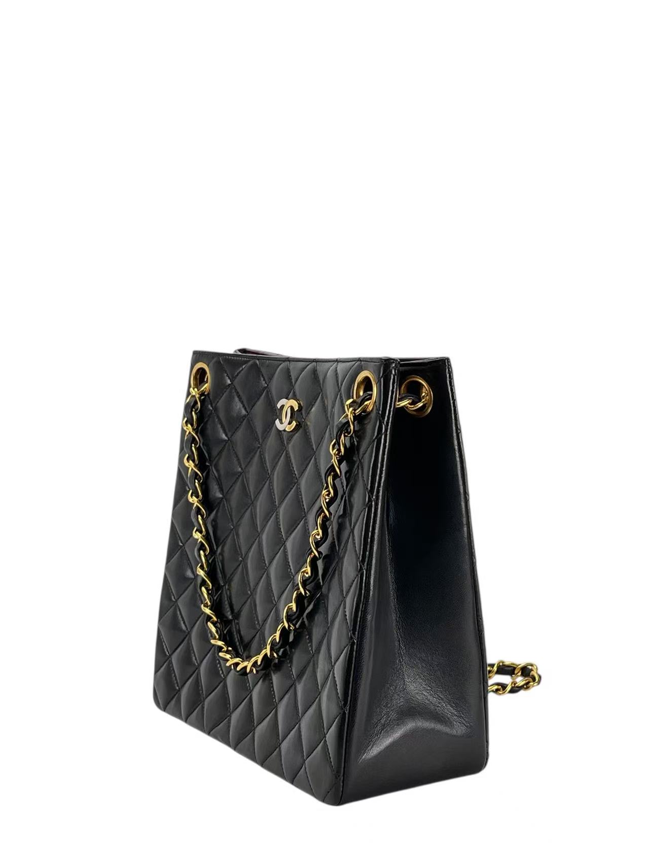 CHANEL - Black Lambskin Matelasse Chain Tote Bag Gold Hardware