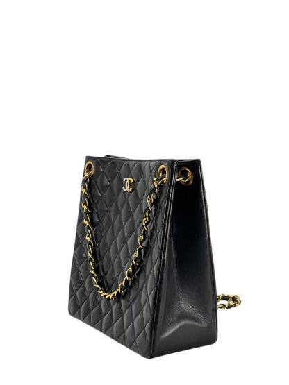CHANEL - Black Lambskin Matelasse Chain Tote Bag Gold Hardware
